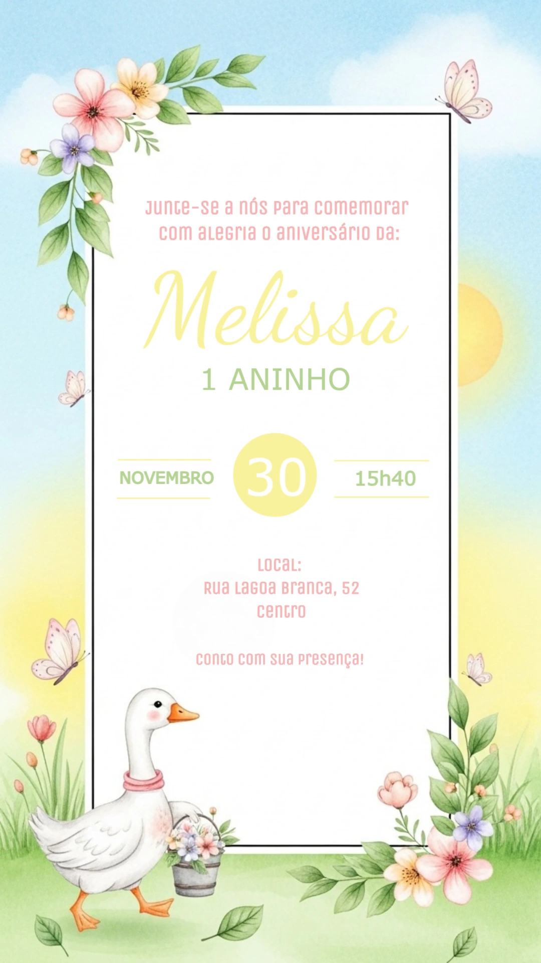 Convite de Aniversário Ganso Aquarela para Editar Online