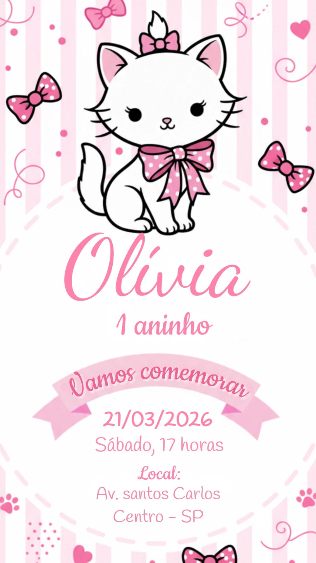 Convite Editável Aniversário Infantil Gatinha Fofa Rosa
