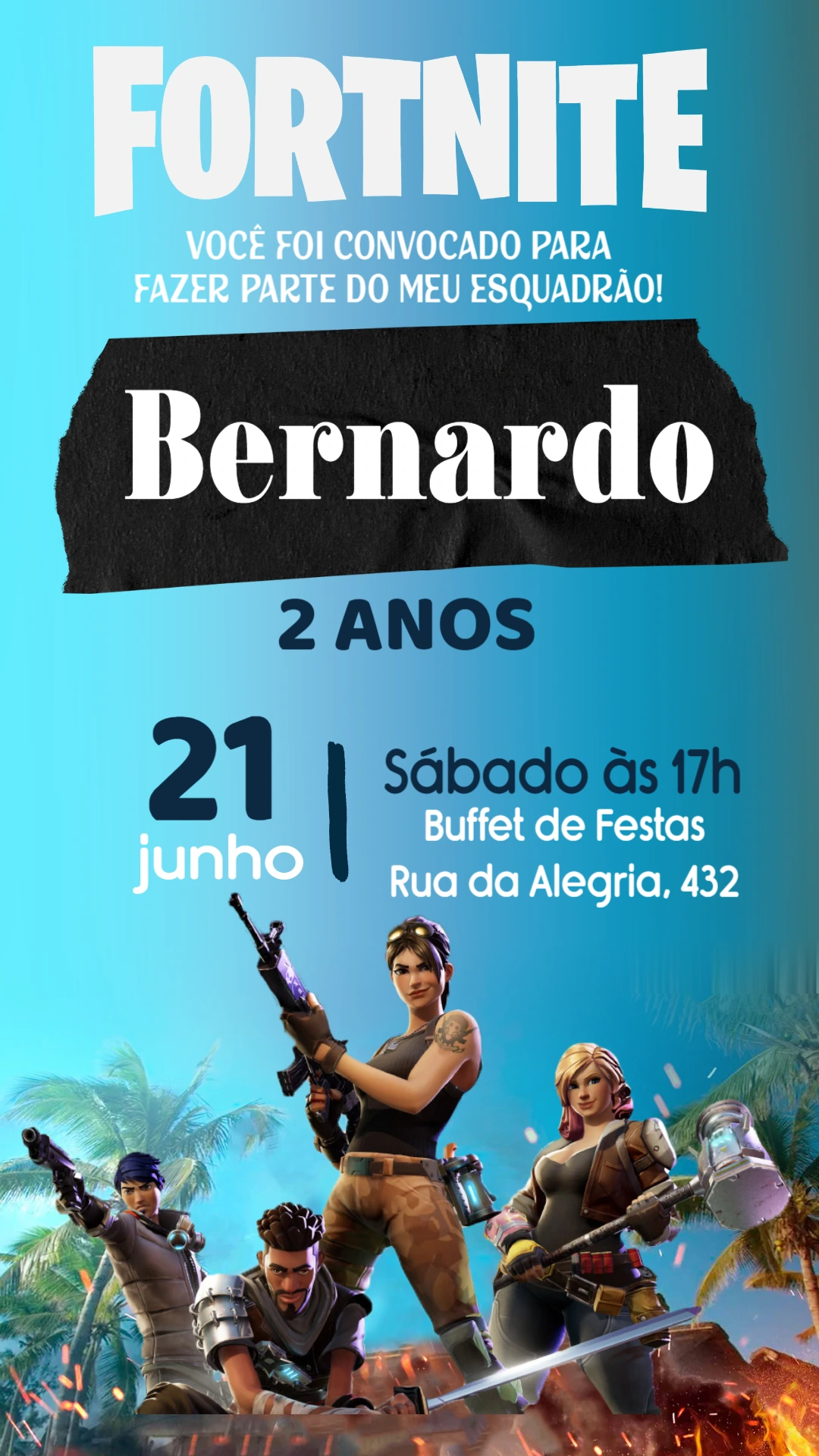 Convite de Aniversário Fortnite com Personagens para Editar Online