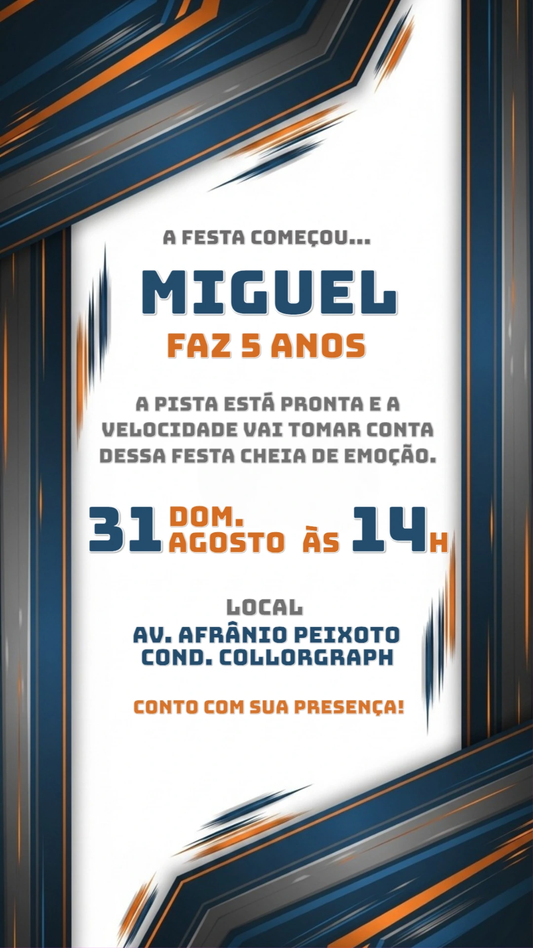 Convite de Aniversário Carros de Corrida para Editar Online