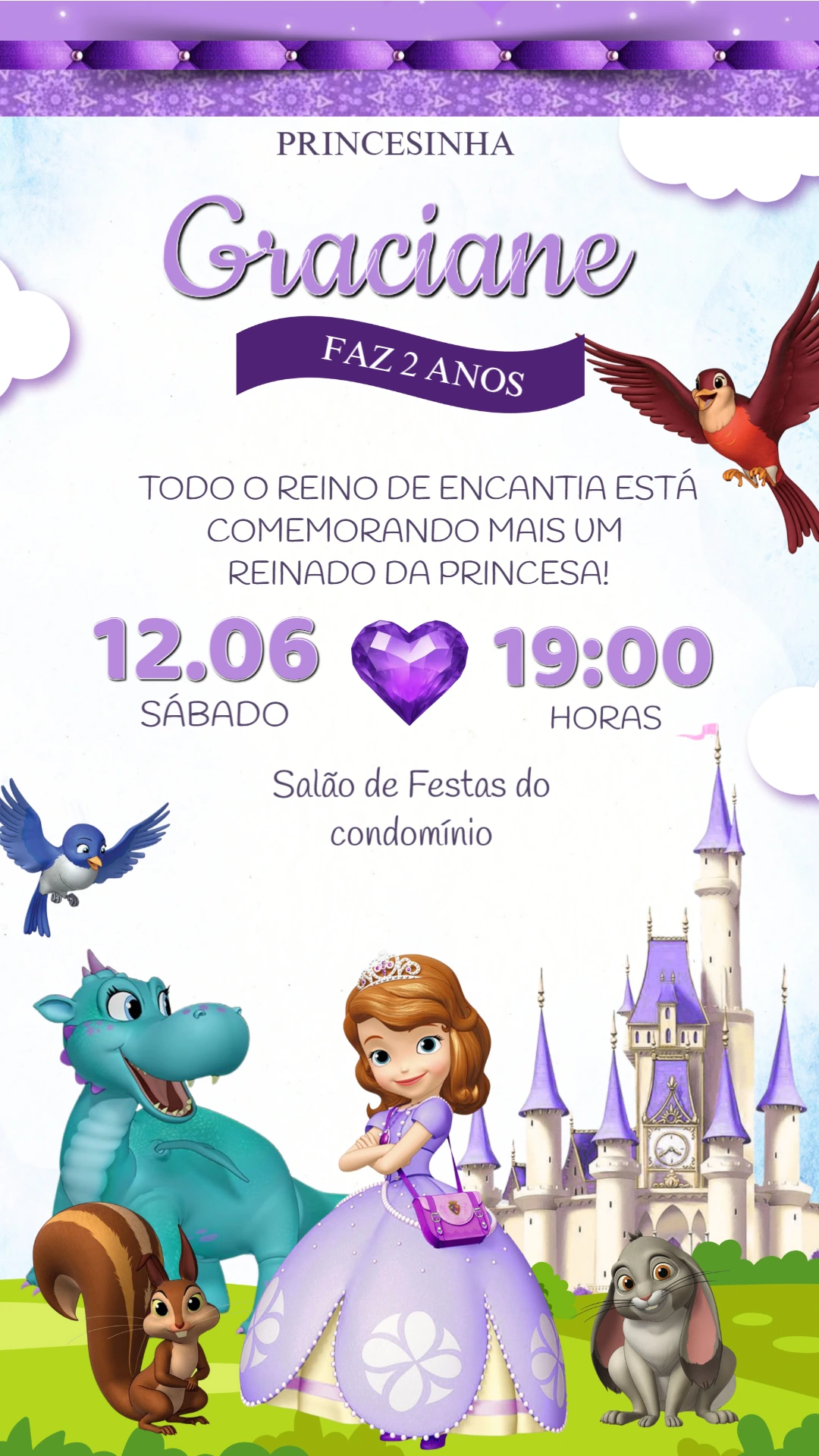 Convite de Aniversário Princesa Sofia para Editar Online