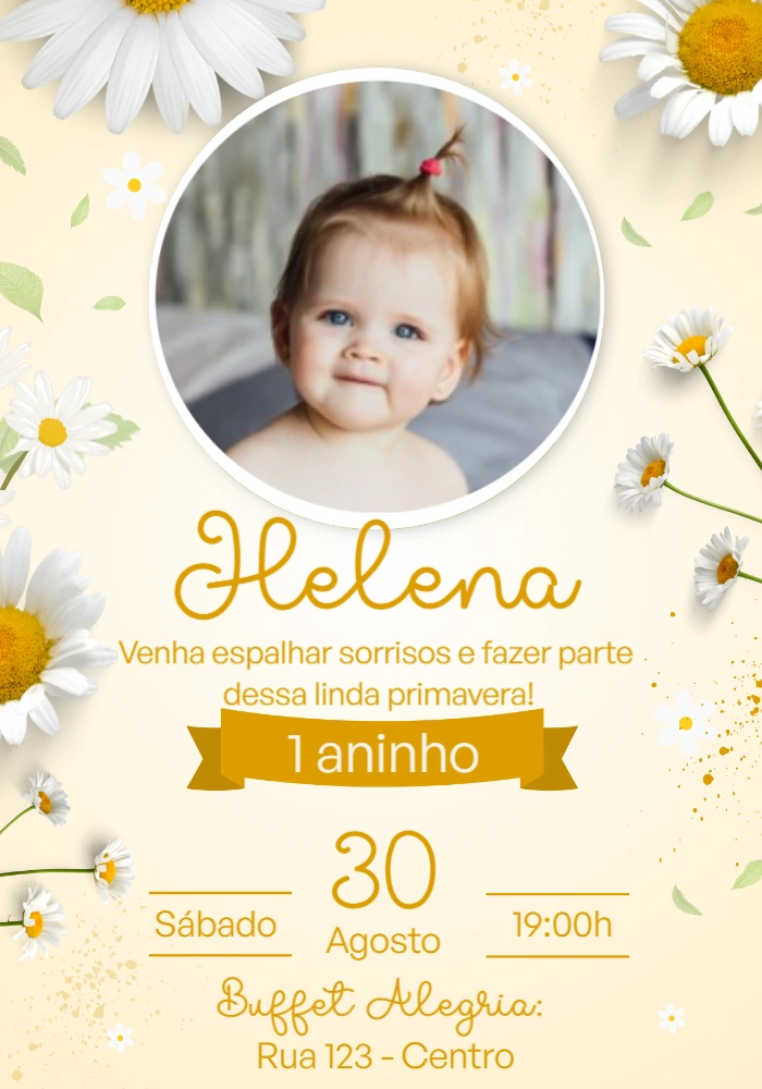 Convite Aniversário Margaridas com Foto para Editar Online
