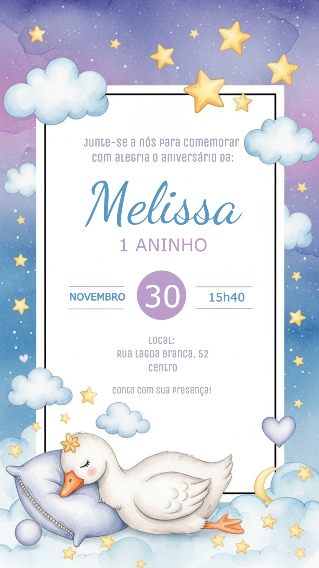 Convite Aniversário Ganso Dormindo para Editar Online