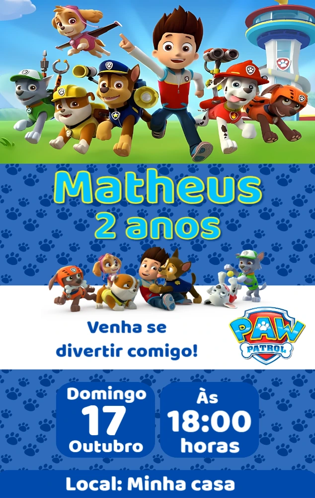 Convite de Aniversário Patrulha Canina para Editar Online