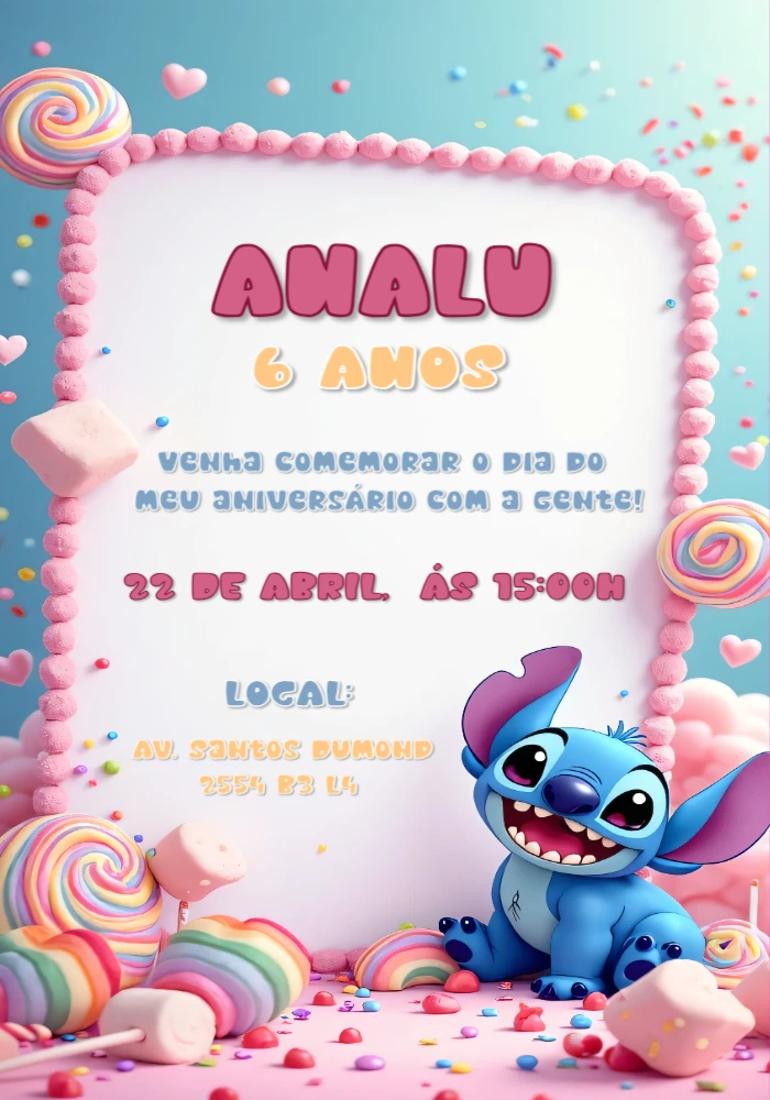 Convite de Aniversário Stitch Doces para Editar Online