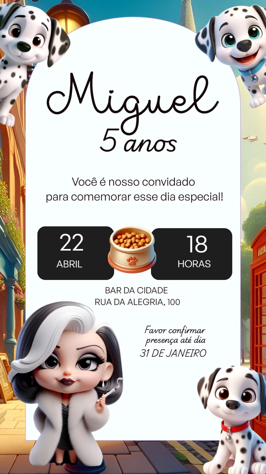 Convite Aniversário 101 Dálmatas para Editar Online e Imprimir