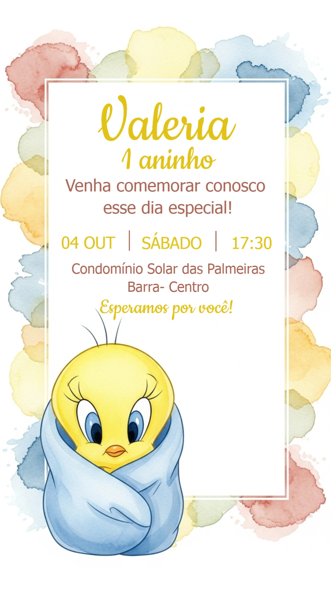 Convite de Aniversário Piu-Piu Amarelo para Editar Online