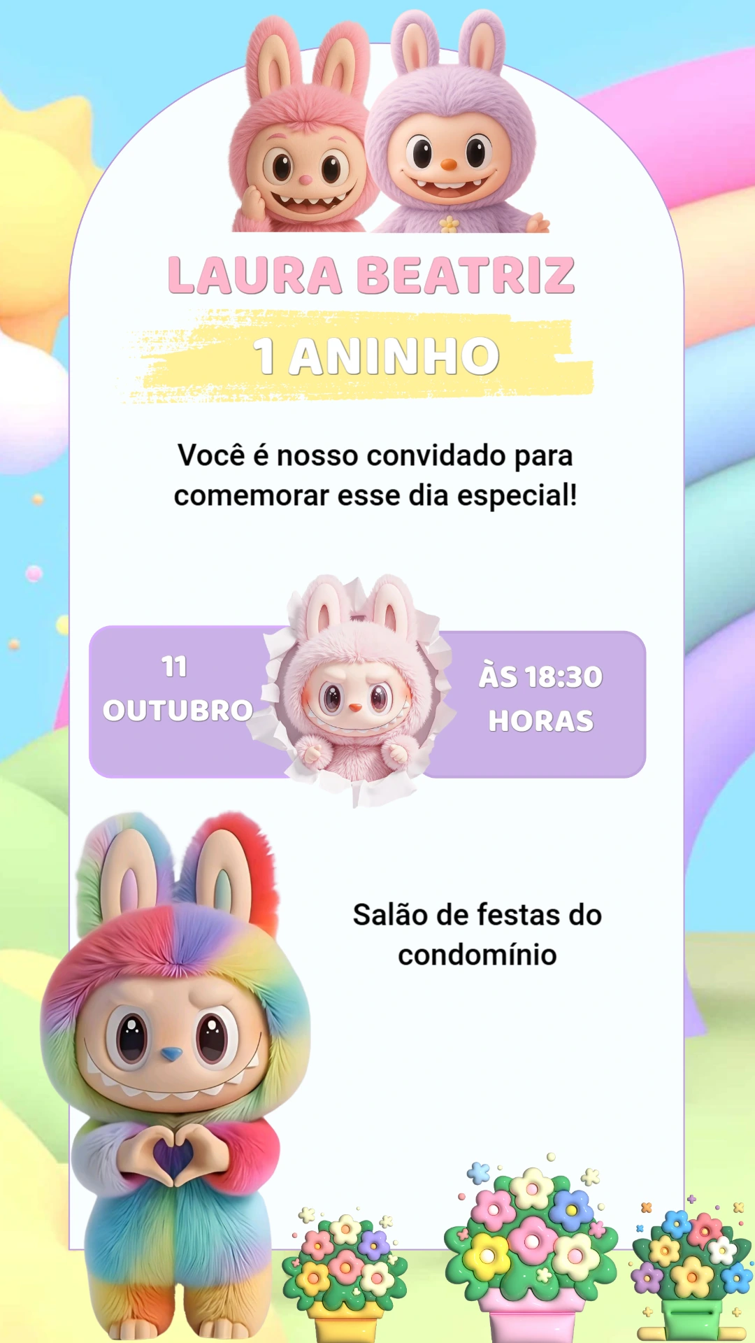 Convite de Aniversário Infantil Bonecos Fofos Editável