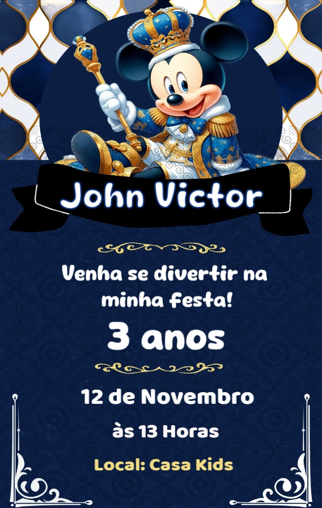 Convite Aniversário Mickey Realeza para Editar Online