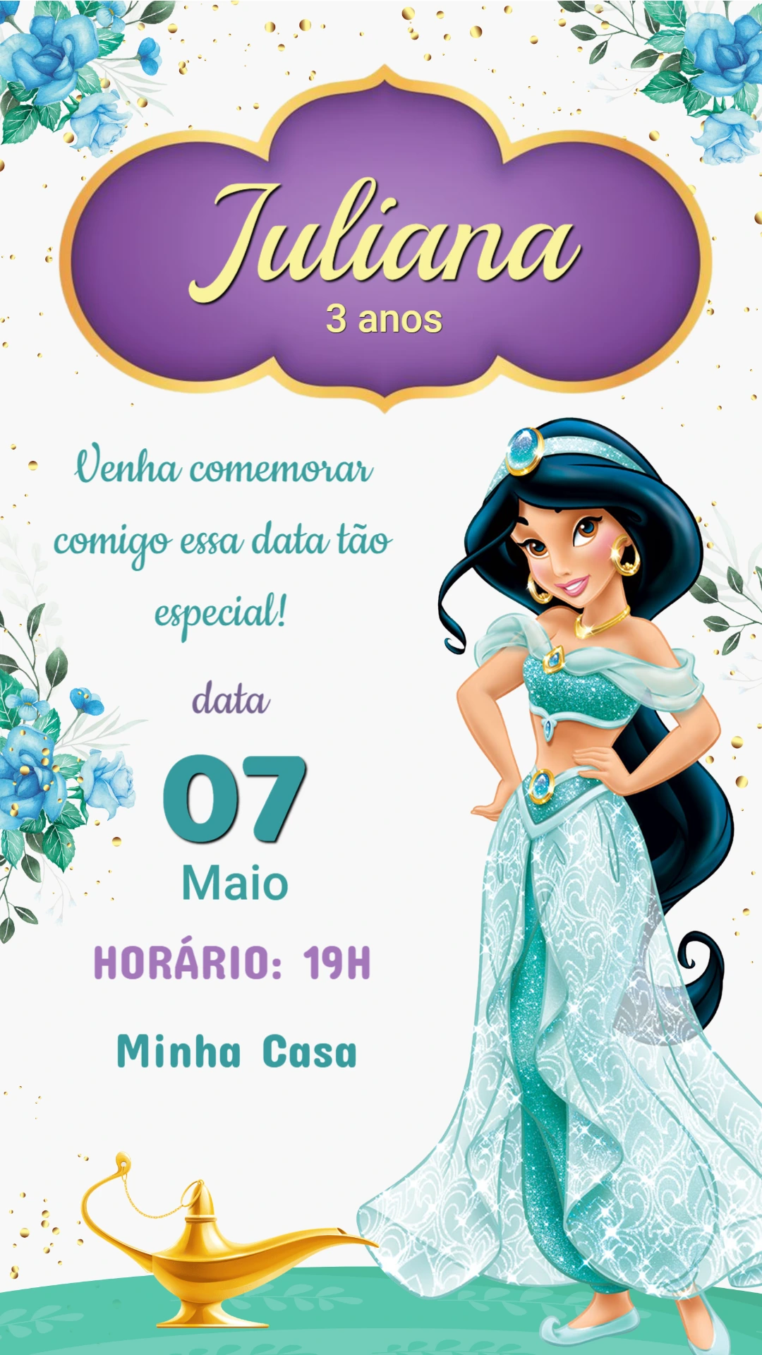 Convite Aniversário Princesa Jasmine Roxo e Azul Editável