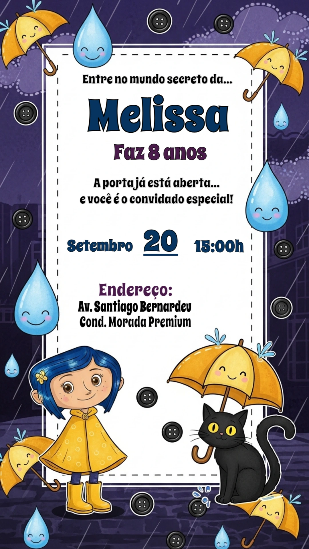 Convite de Aniversário Coraline Mundo Secreto para Editar
