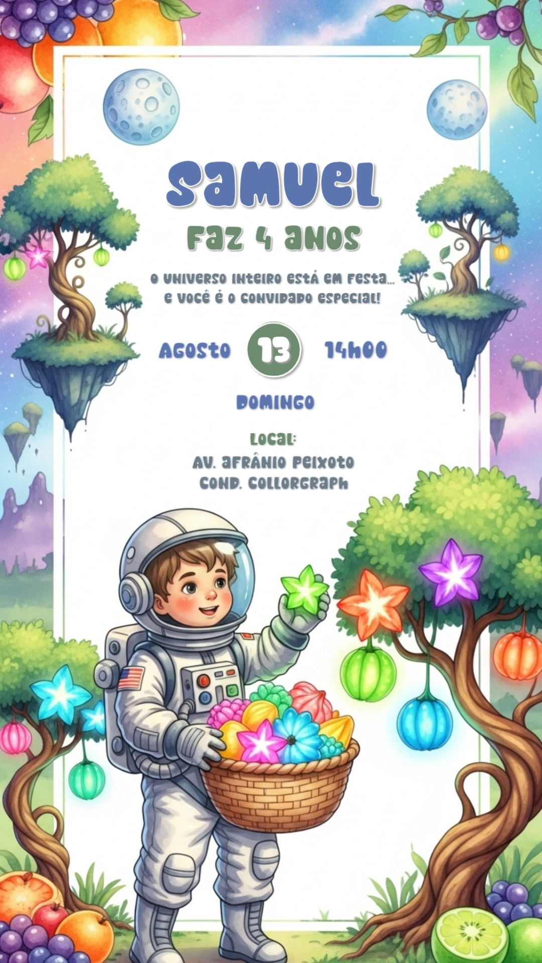 Convite Aniversário Astronauta no Espaço para Editar Online