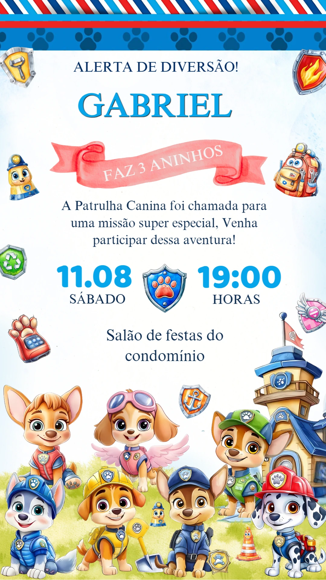 Convite de Aniversário Patrulha Canina para Editar Online
