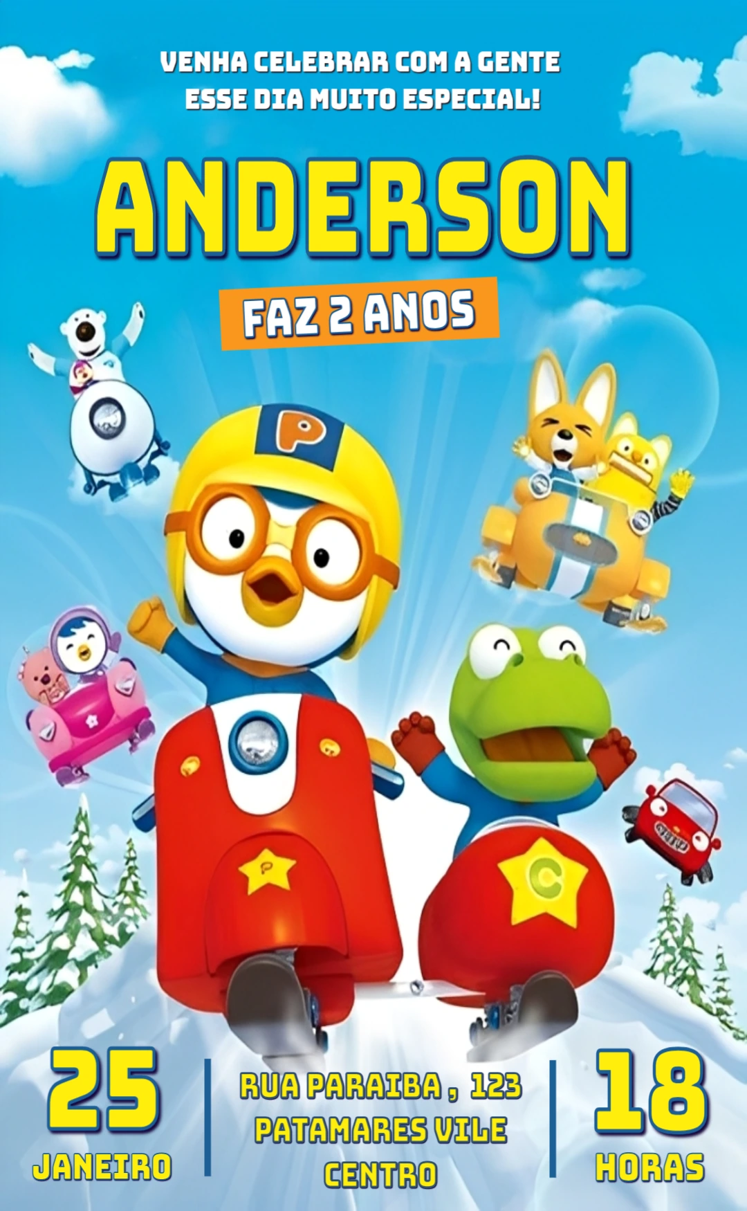 Convite de Aniversário Pororo o Pinguim para Editar Online