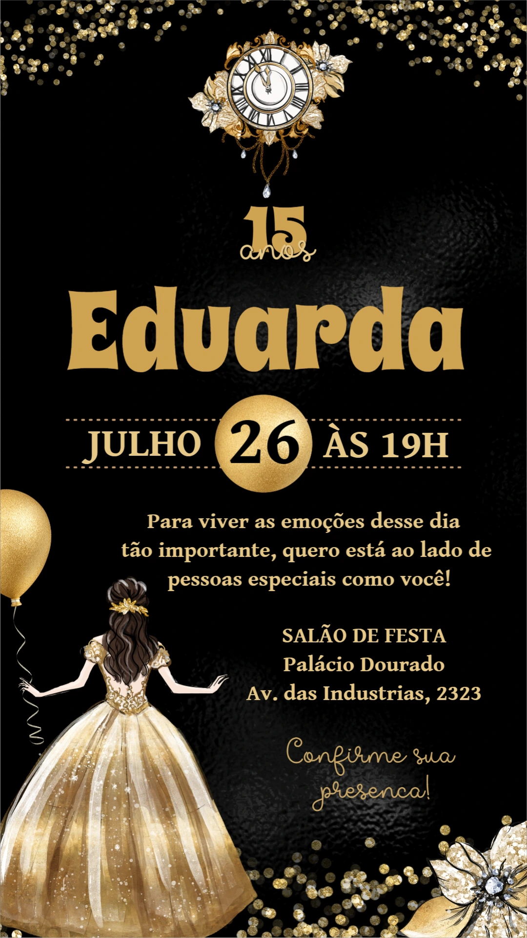 Convite 15 Anos Princesa Dourado e Preto para Editar Online