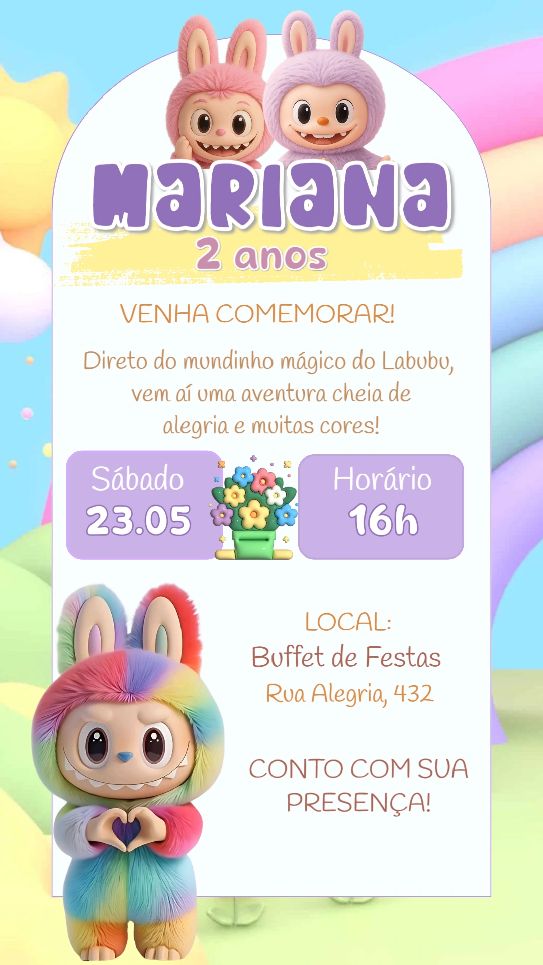 Convite de Aniversário Labubu Fofo para Editar Online