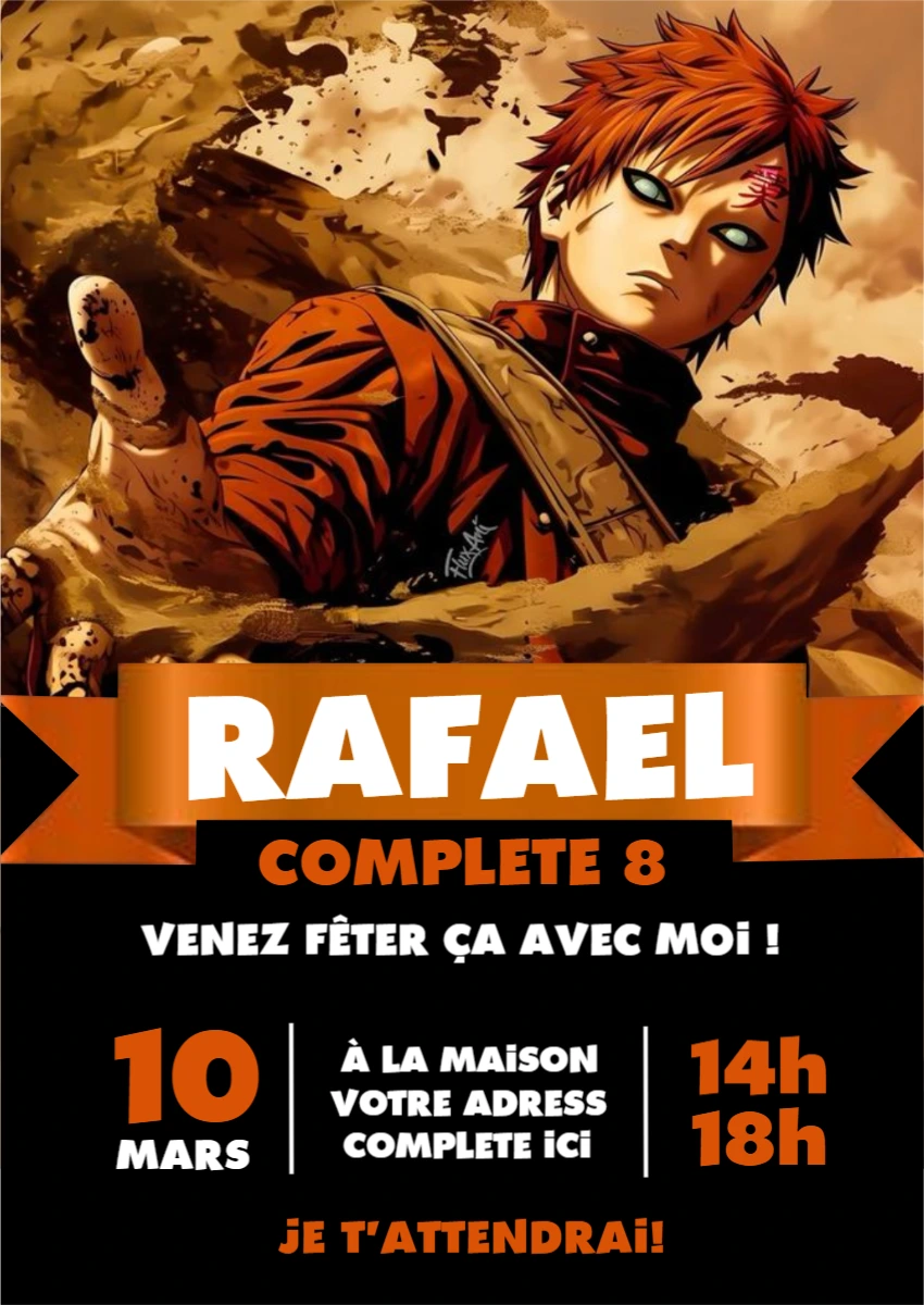 Invitation Anniversaire Gaara Naruto | Modèle numérique à modifier