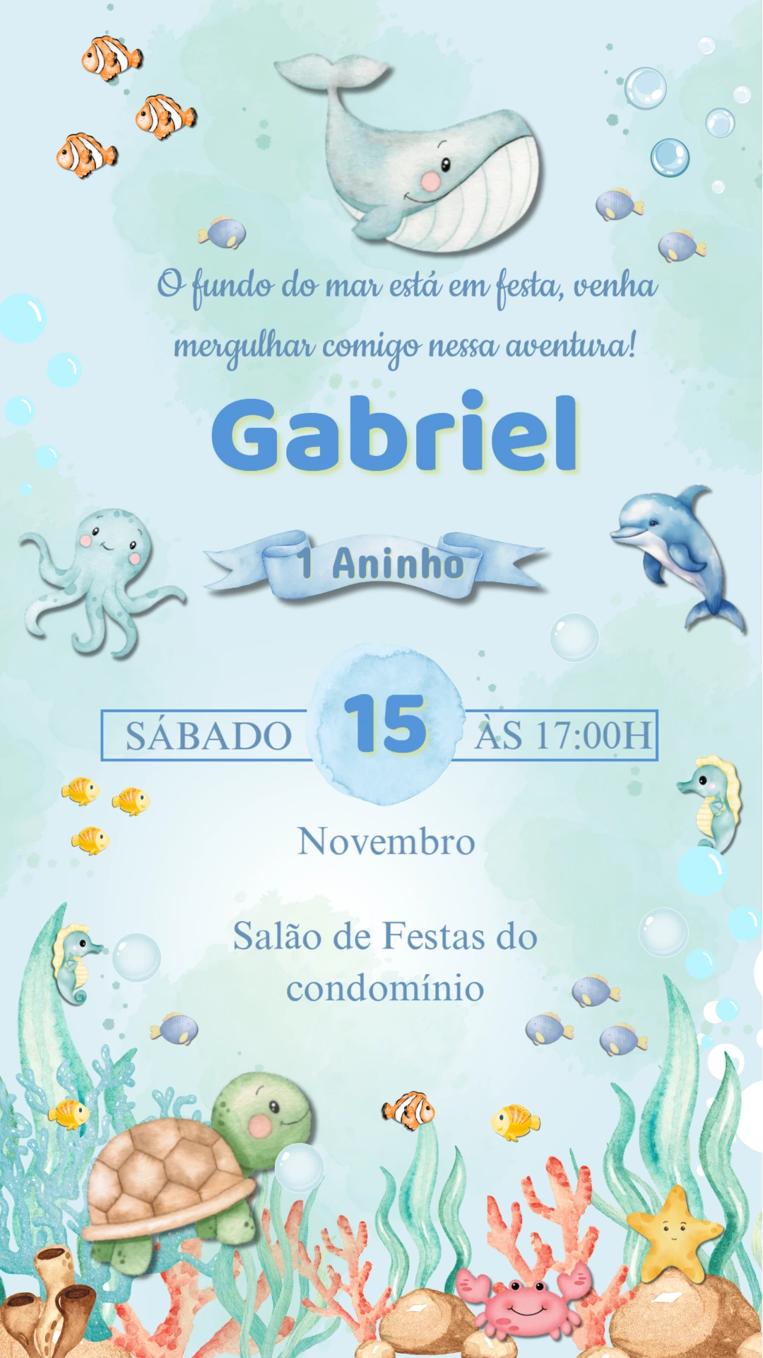 Convite Aniversário Fundo do Mar com Animais para Editar