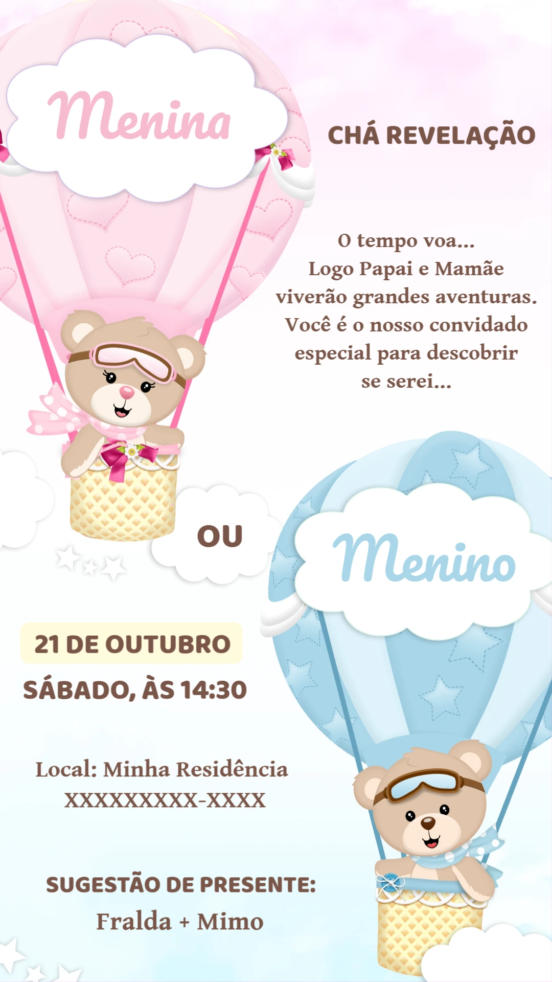 Convite Chá Revelação Ursinhos Baloeiros para Editar Online