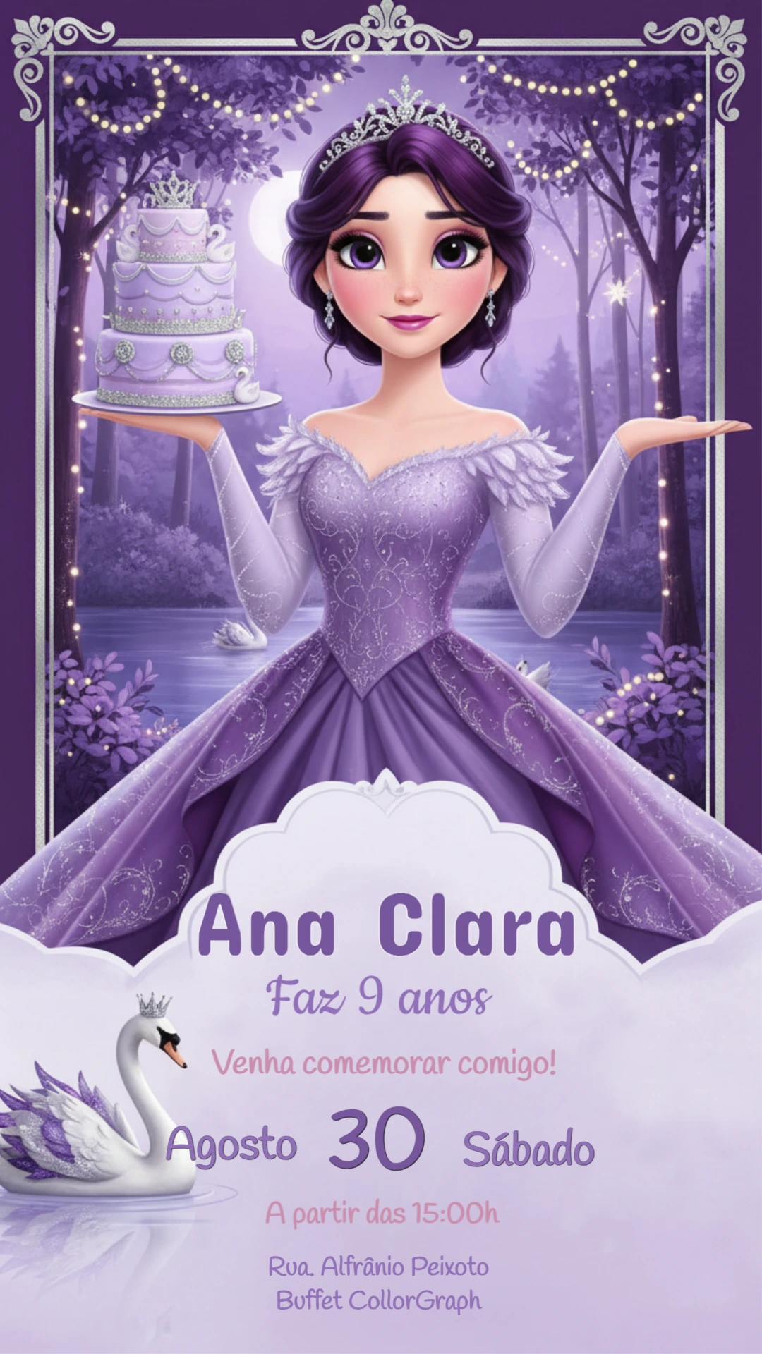 Convite de Aniversário Princesa Cisne Lilás Modelo Editável