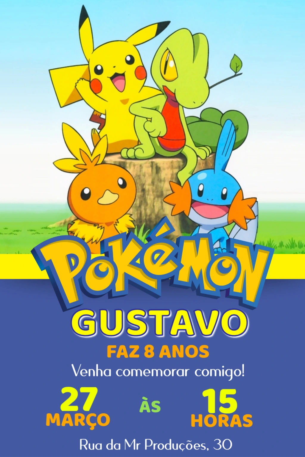 Convite de Aniversário Pokémon com Personagens para Editar