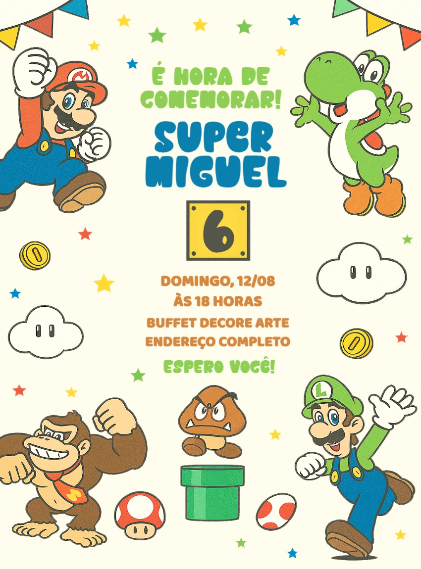 Convite de Aniversário Super Mario com Personagens para Editar