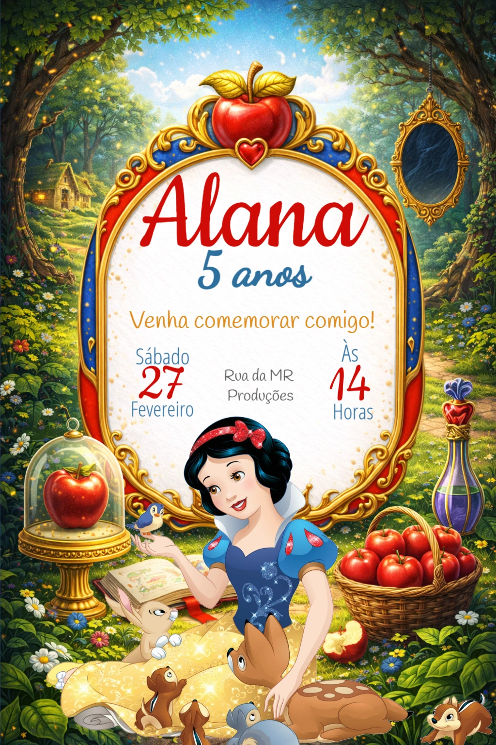 Convite Digital Aniversário Branca de Neve para Editar Online