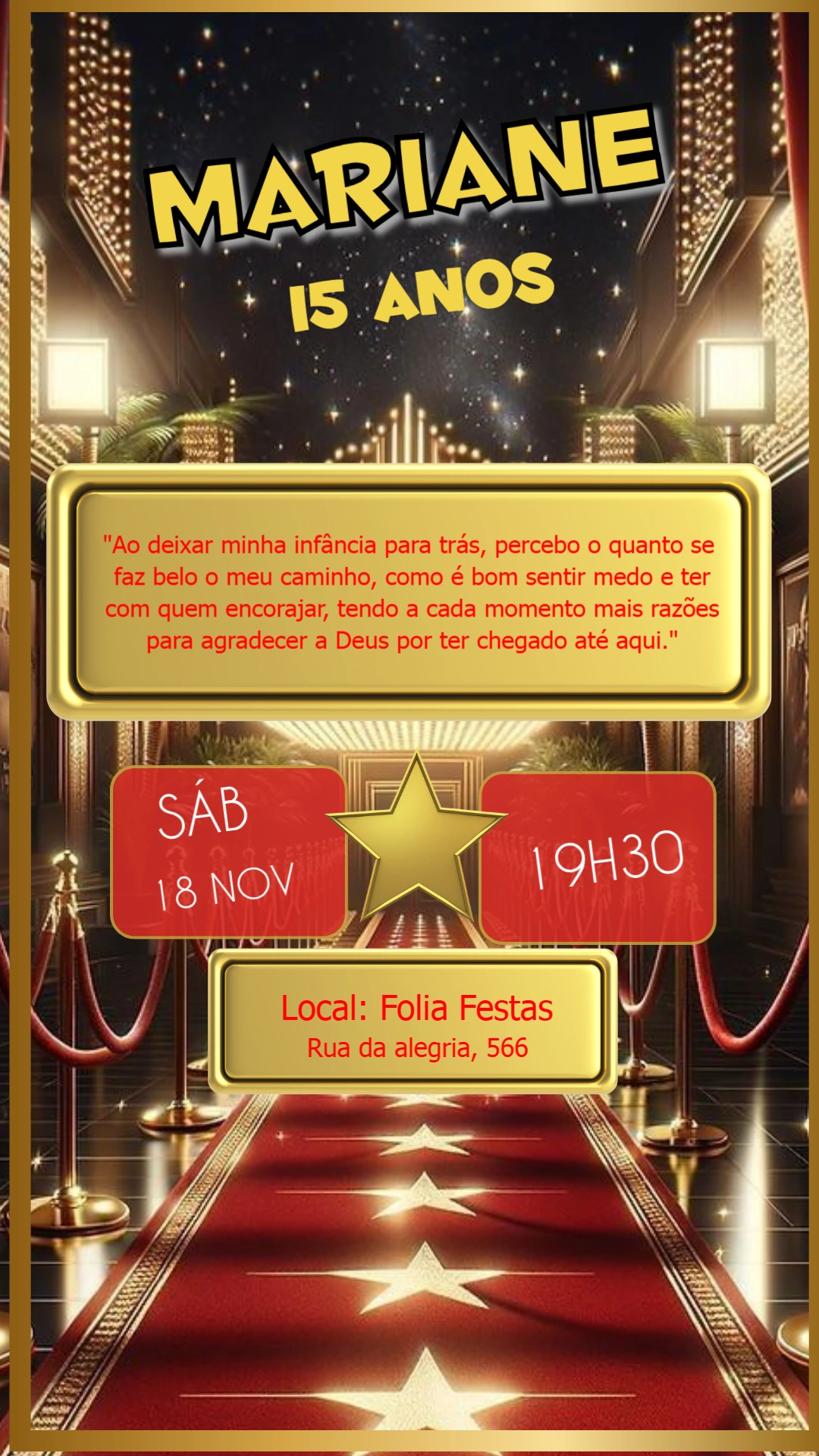 Convite Aniversário Hollywood Tapete Vermelho para Editar