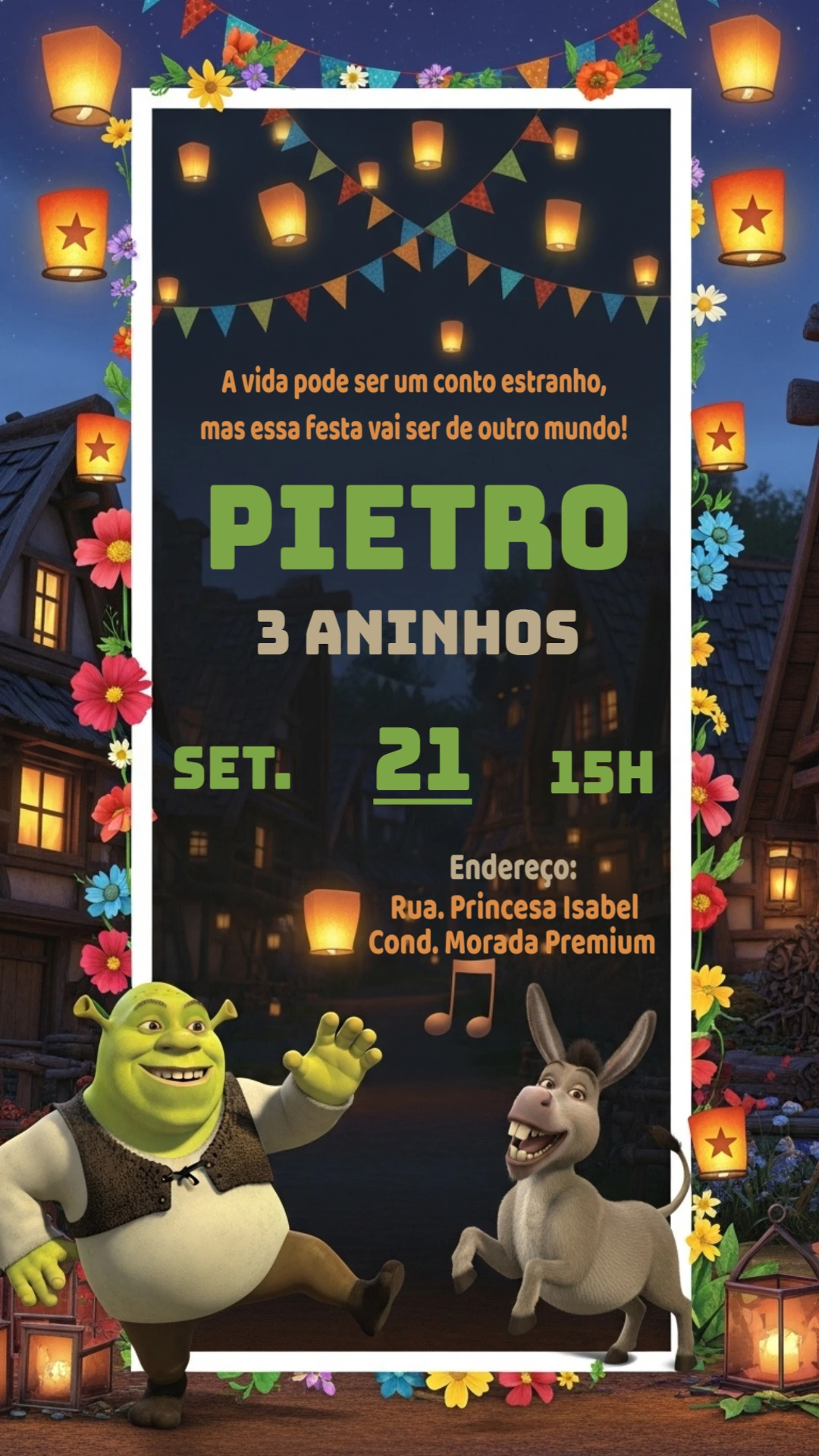 Convite de Aniversário Shrek com Personagens para Editar