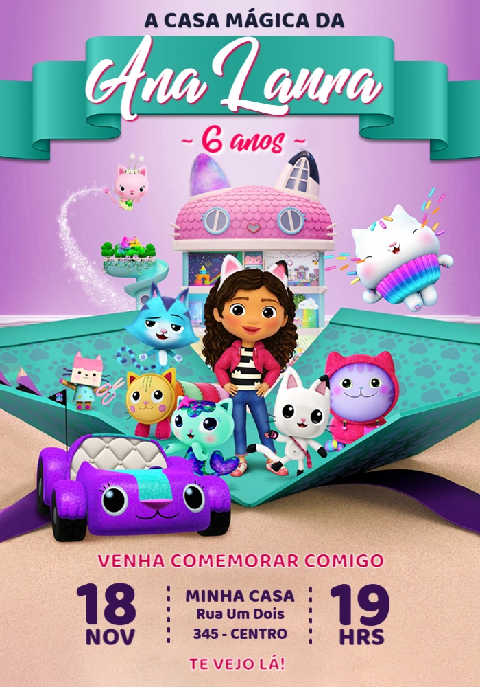 Convite de Aniversário A Casa Mágica da Gabby para Editar
