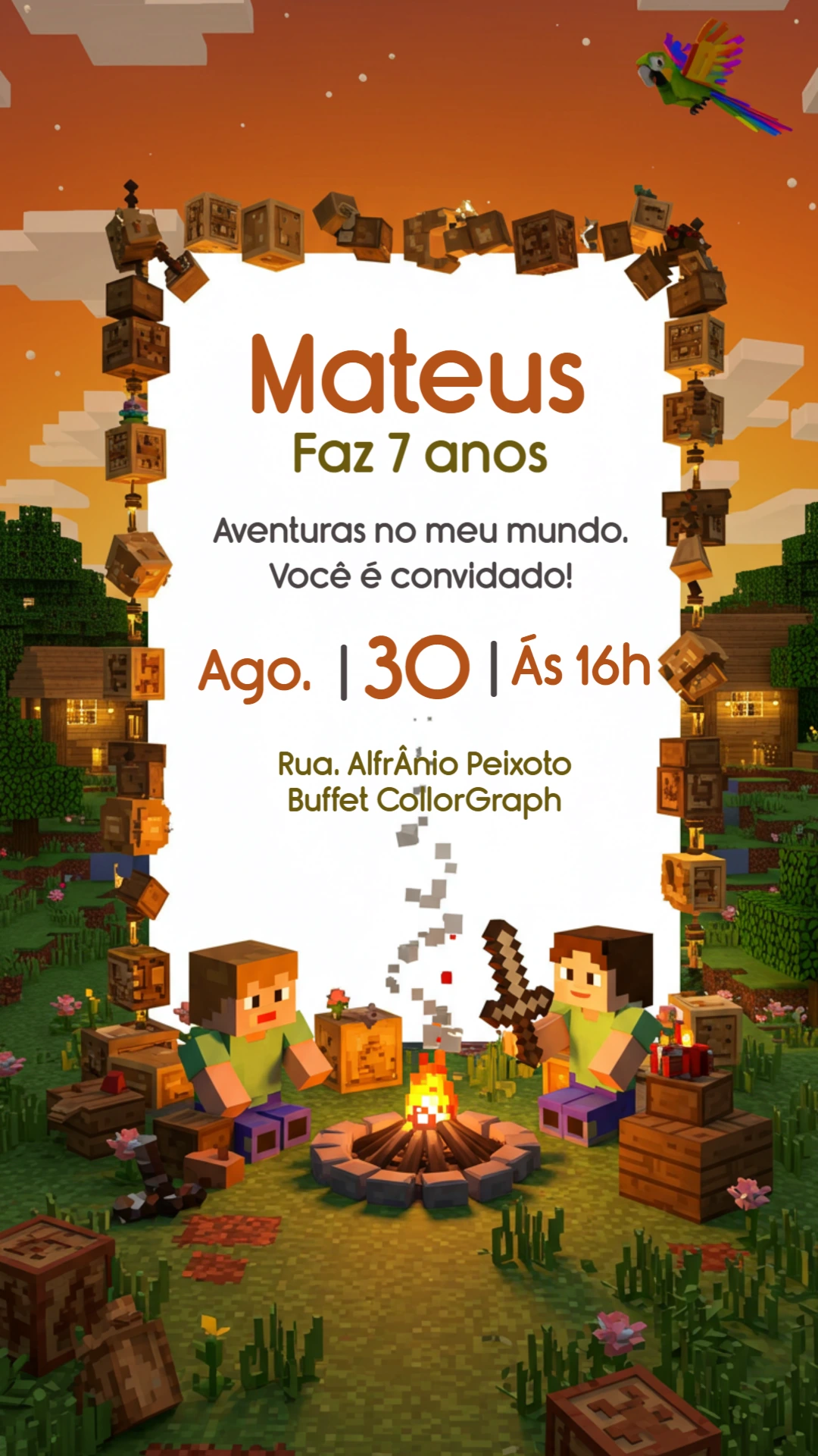 Convite Aniversário Minecraft Aventura para Editar Online