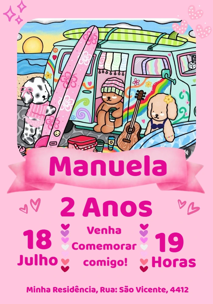 Convite Aniversário Surfista com Ilustração Fofa para Editar