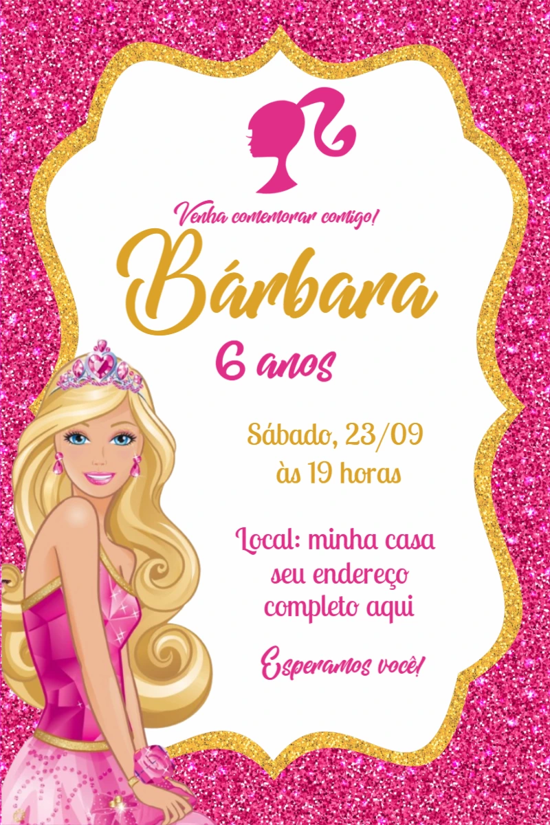 Convite de Aniversário Barbie Editável para Imprimir