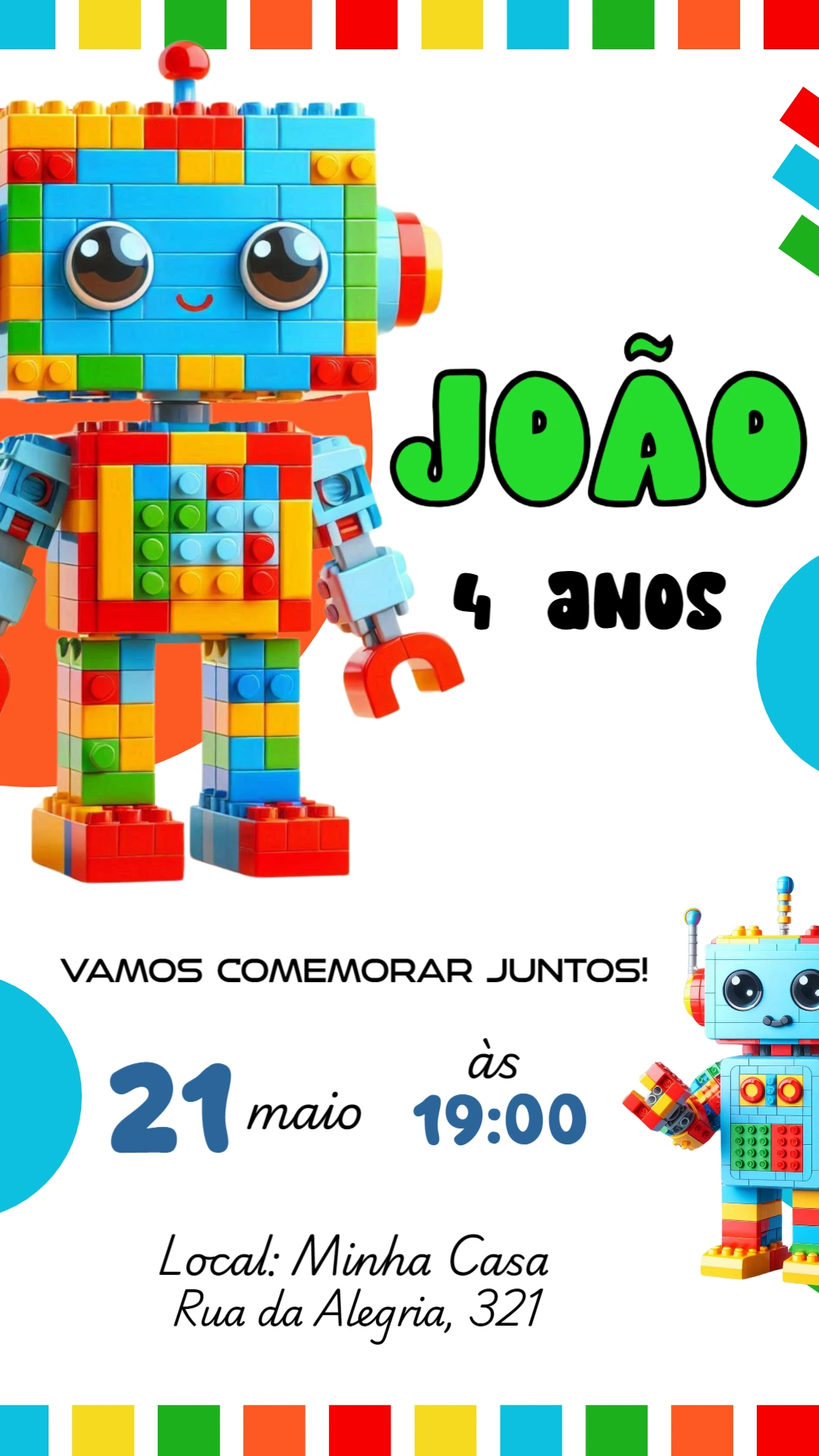 Convite Aniversário Robô de Blocos para Editar Online