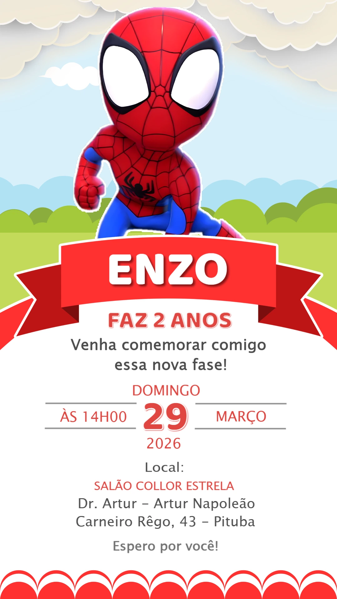 Convite de Aniversário Homem-Aranha Infantil para Editar