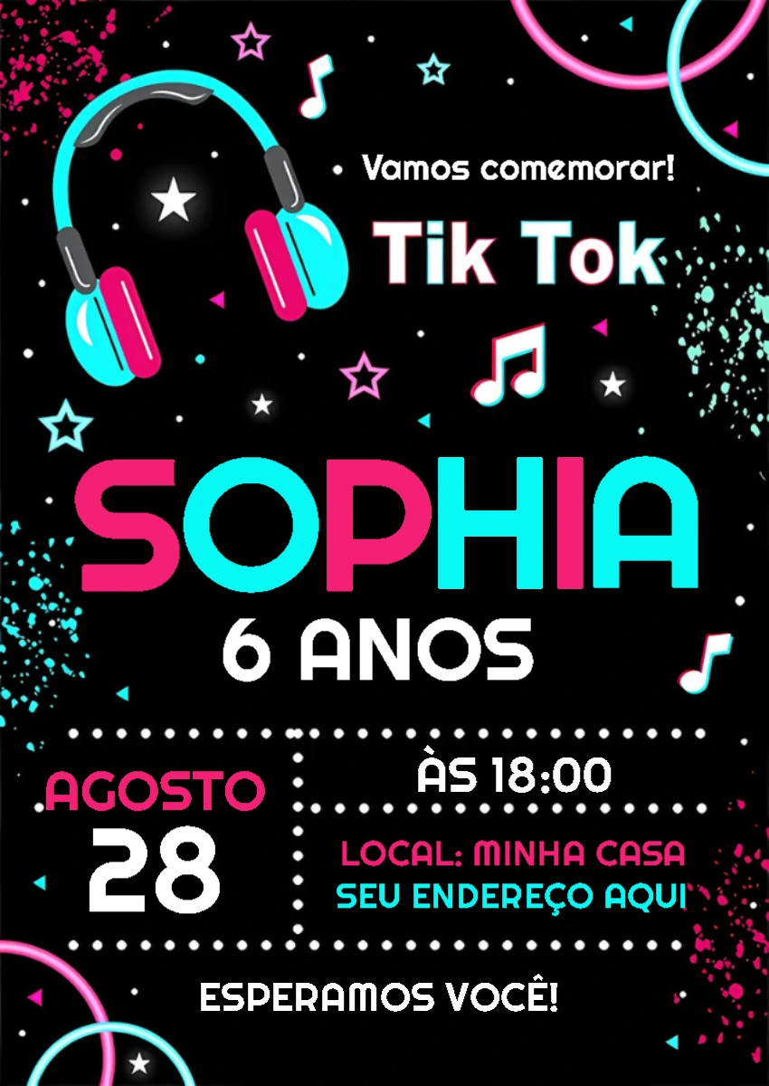 Convite Aniversário Tik Tok com Tema Musical para Editar Online