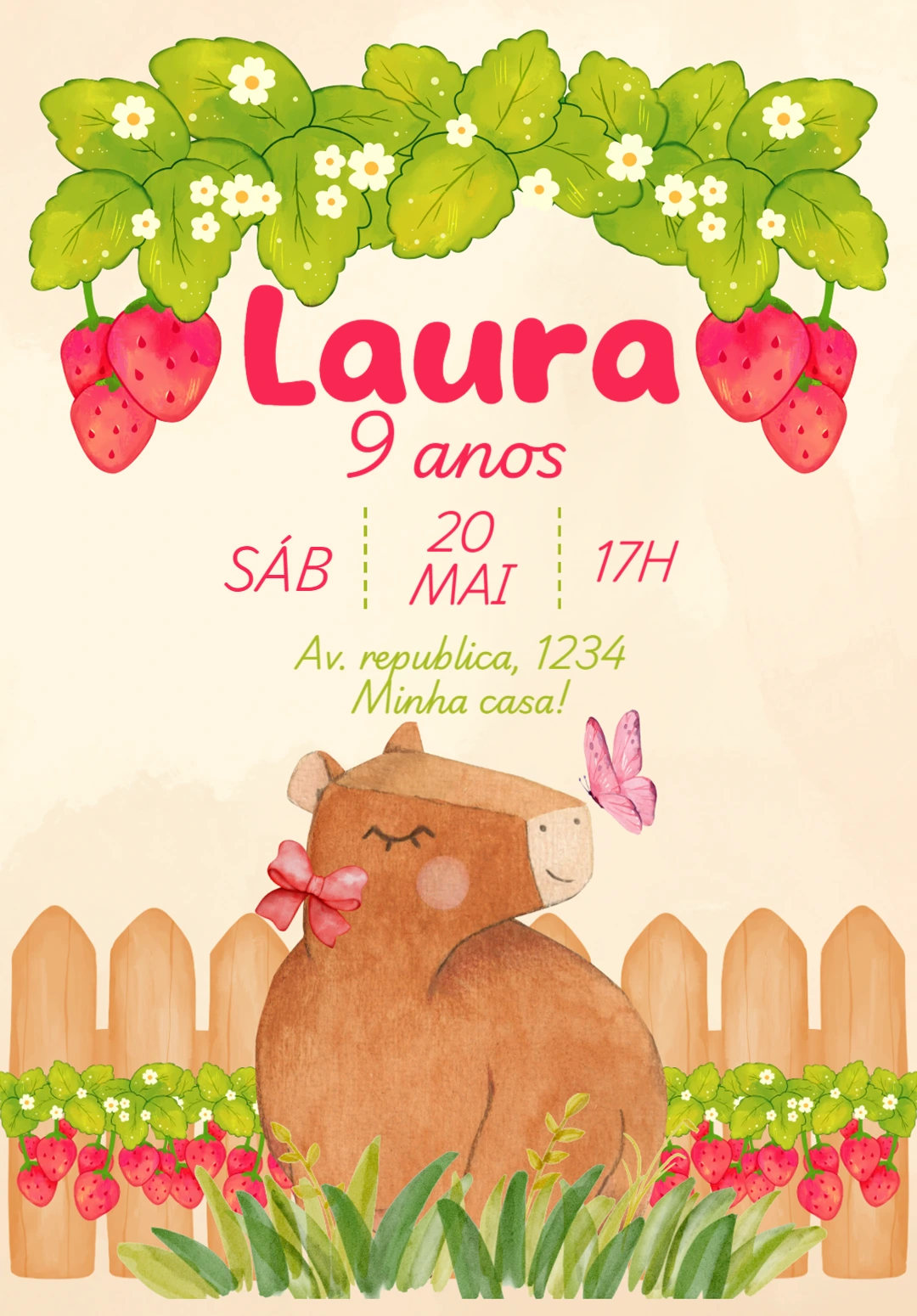 Convite de Aniversário Capivara e Morangos para Editar Online