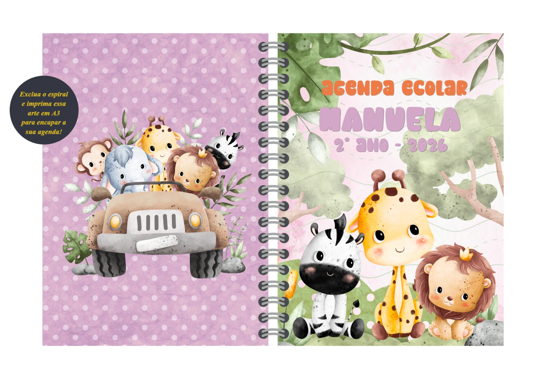 Capa de Agenda Safari Rosa com Animais para Editar Online