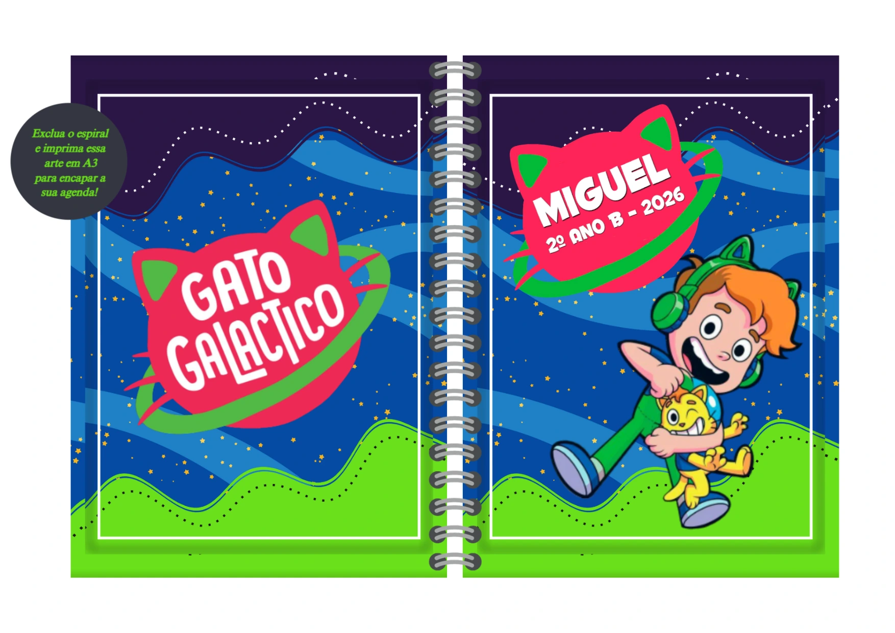 Capa de Agenda Gato Galáctico para Editar Online