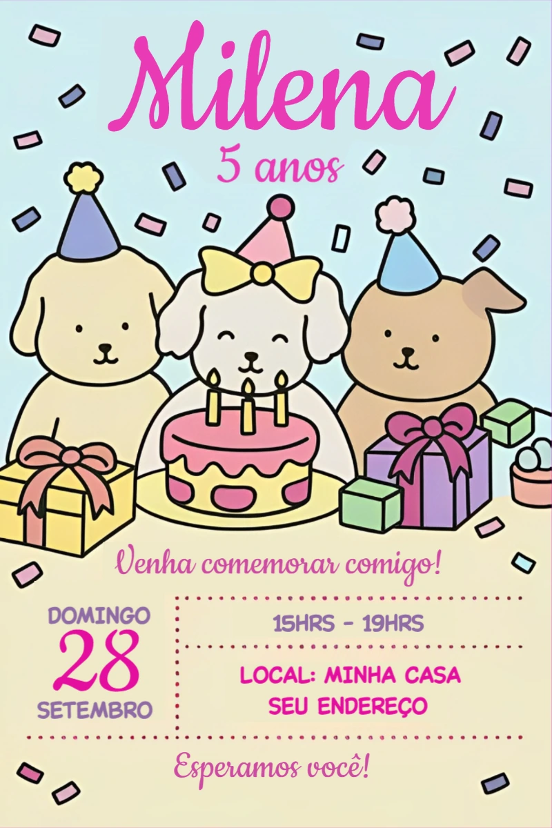 Convite Aniversário Cachorrinhos Fofos para Editar Online