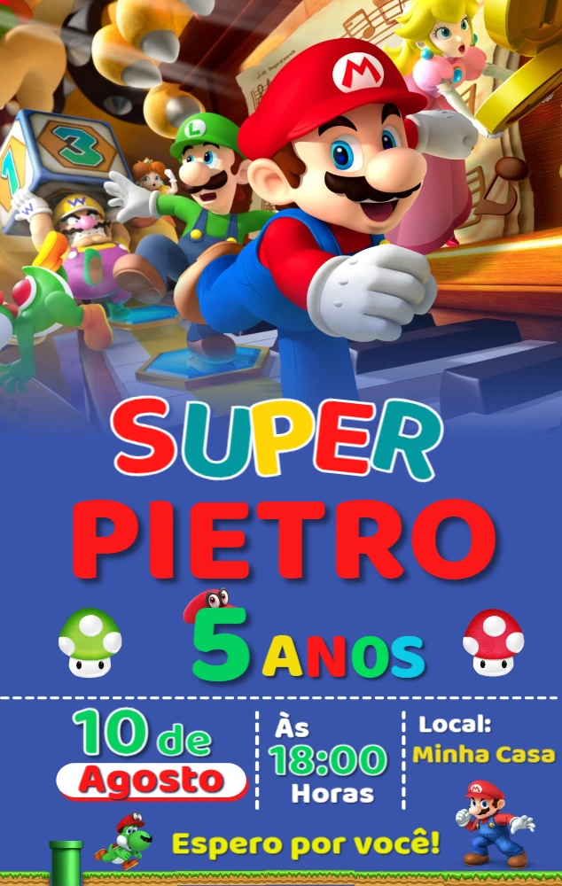 Convite Aniversário Super Mario com Personagens para Editar Online