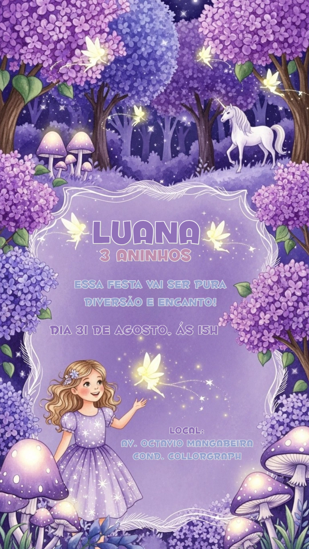 Convite Aniversário Jardim Encantado com Unicórnio para Editar