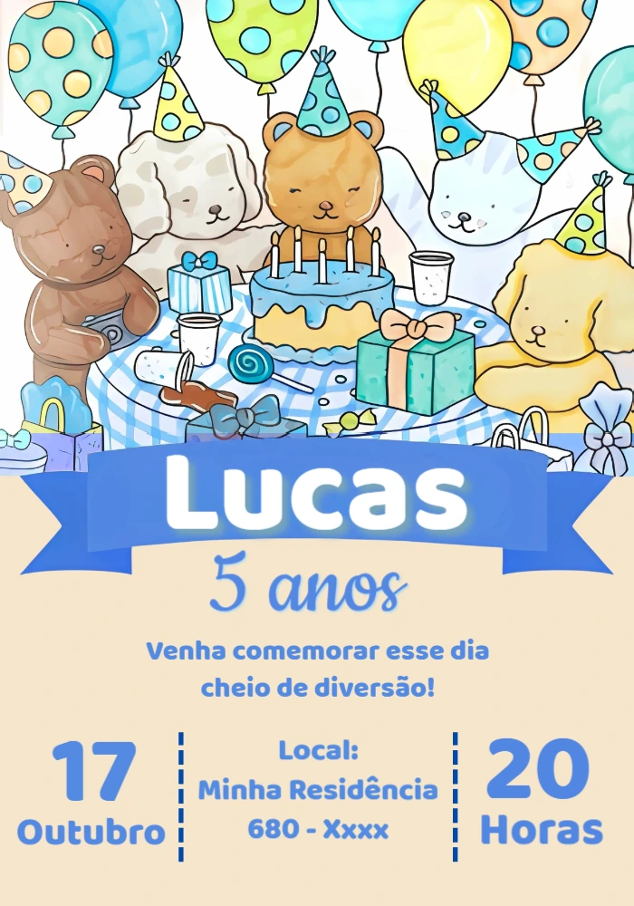 Convite Aniversário Infantil Animais Fofos para Editar Online