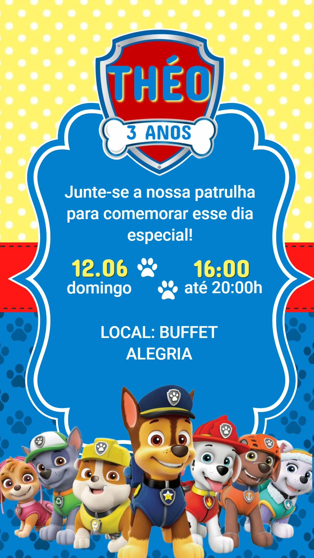 Convite de Aniversário Patrulha Canina Azul para Editar