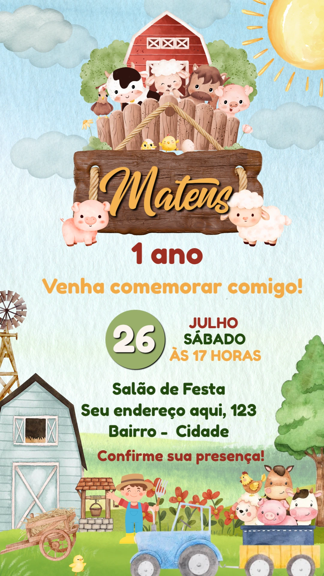 Convite Aniversário Fazendinha com Animais para Editar Online