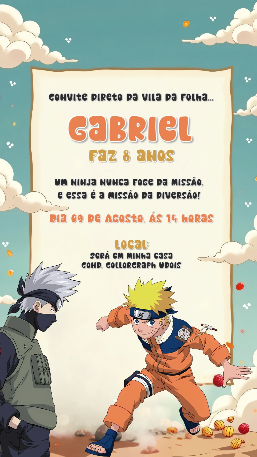 Convite de Aniversário Naruto e Kakashi Editável Online
