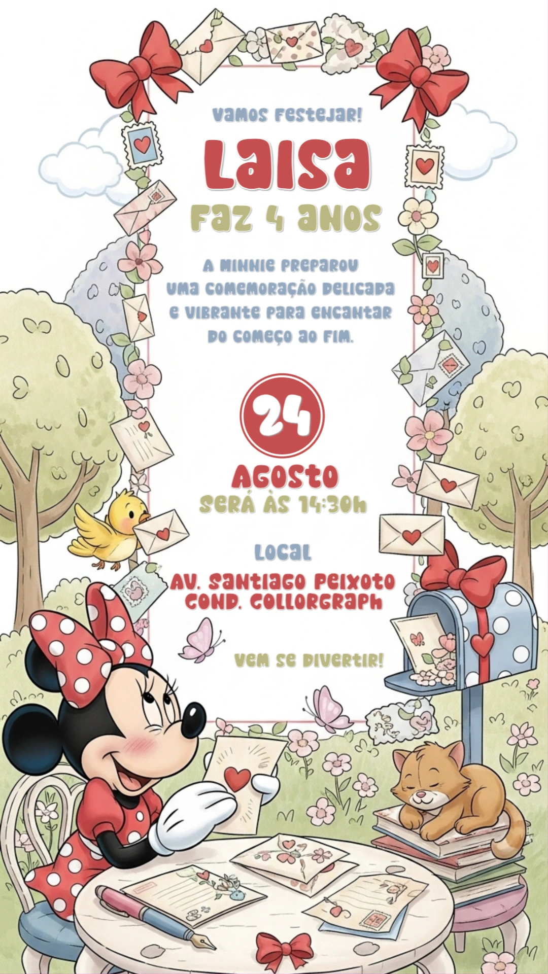 Convite Aniversário Minnie Jardim Encantado para Editar Online