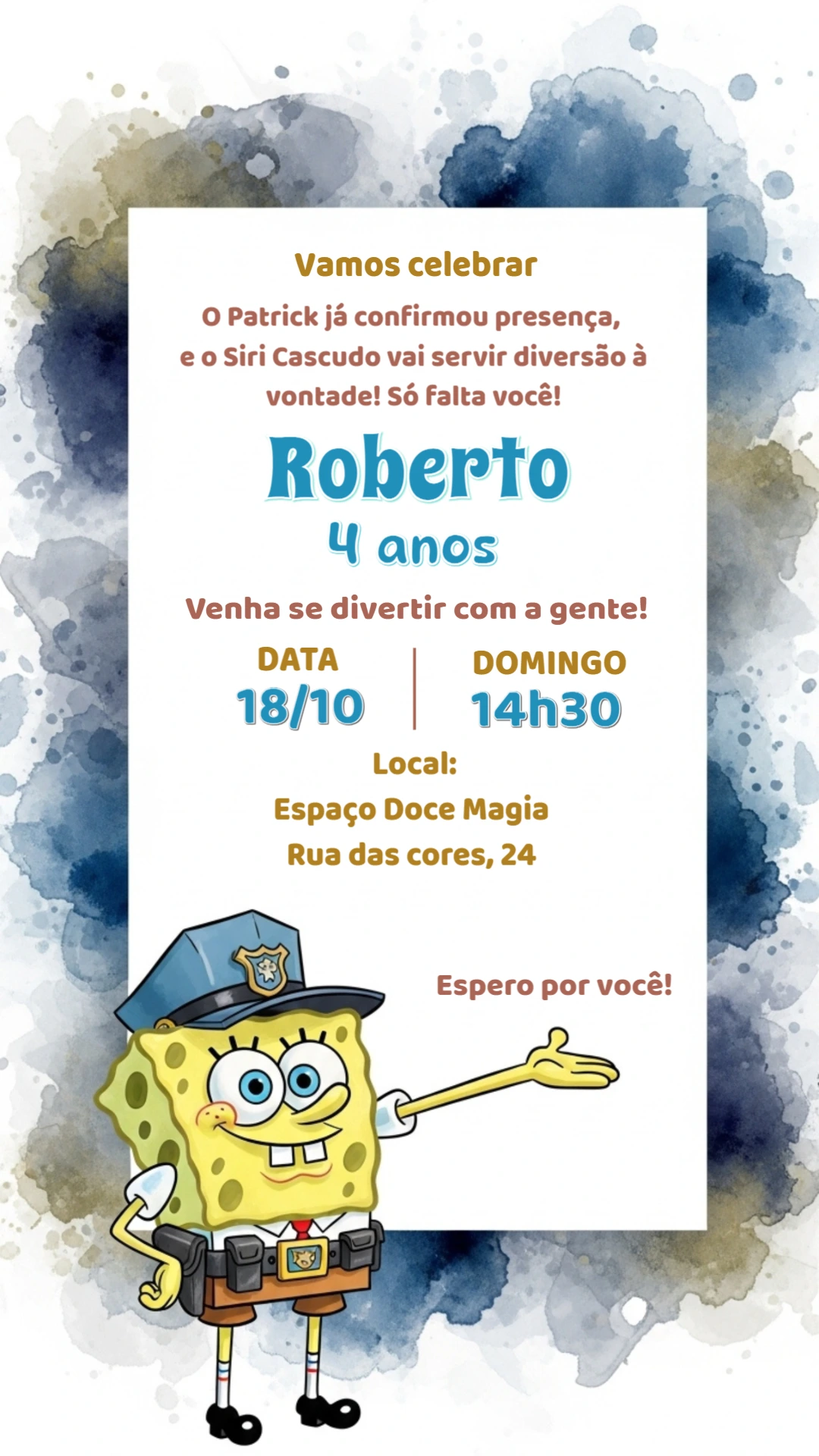 Convite de Aniversário Bob Esponja Policial para Editar Online