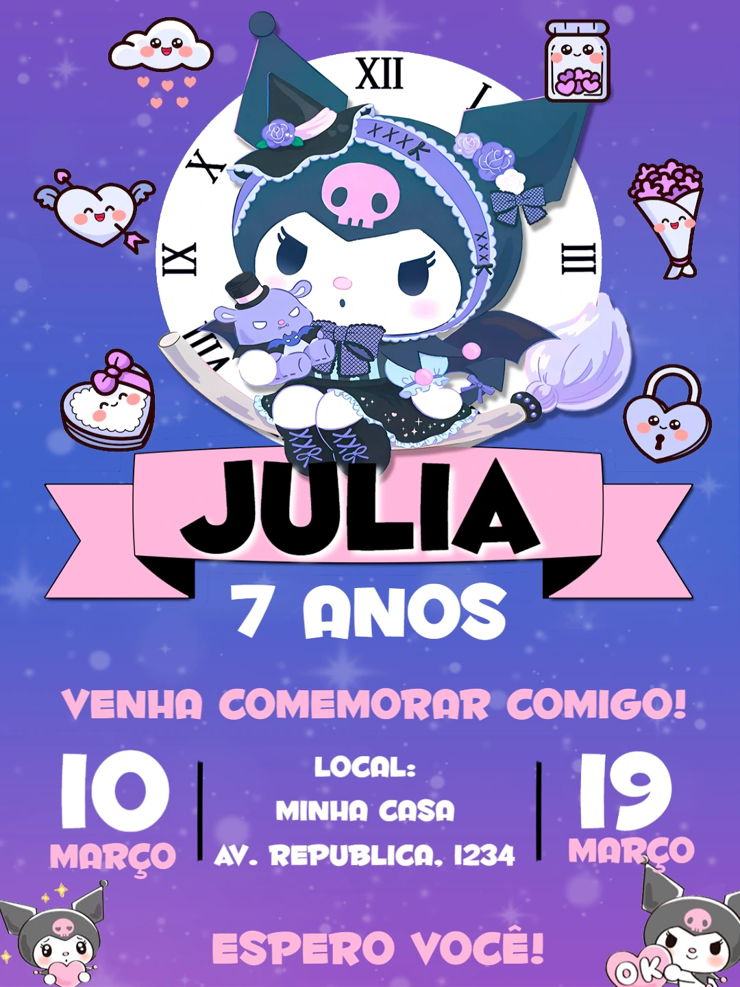 Convite de Aniversário Kuromi para Editar Online