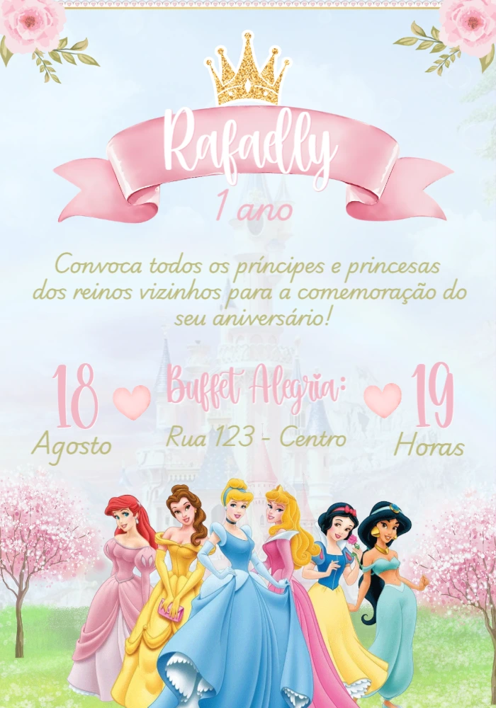 Convite Aniversário Princesas Disney para Editar Online
